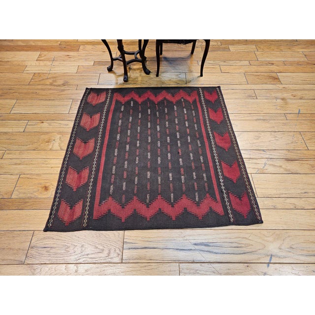 Textile Vintage Baluch Sofreh Tribal Kilim, Handwoven Wool, Geometric Pattern, Brown & Red, 4x4 For Sale - Image 7 of 10