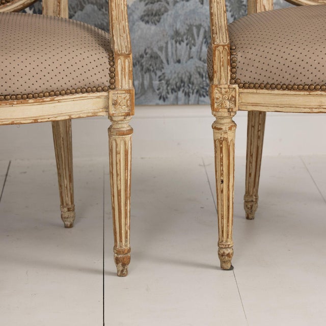 Wood Pair of 18th C. French Louis XVI Fauteuils in Original Paint, Signed For Sale - Image 7 of 16