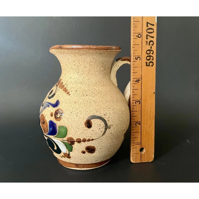 Vintage Tonala Mexico Pitcher – Hand-Painted Stoneware With Blue Floral & Bird, Folk Art Pottery Vase, 5.5" For Sale In Miami - Image 6 of 7