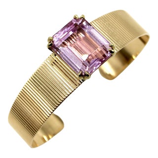Vintage Signature 14K Gold and Kunzite Cuff Bracelet For Sale