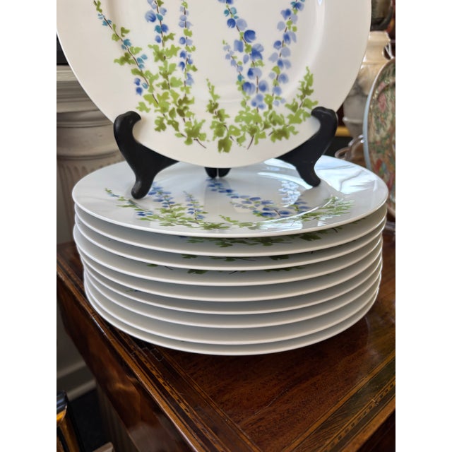 Mikasa “bluebells” set of 10, dinner plates. Beautiful painted bluebells decorating a white plate for a gorgeous floral...