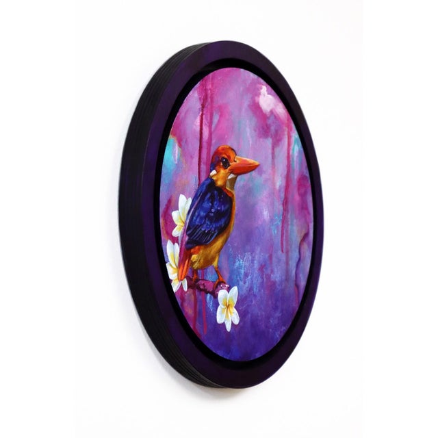 Contemporary Oriental Pygmy Kingfisher by Corina St. Martin | Acrylic on Float Wood Panel Bird on a branch with flowers For Sale - Image 3 of 3