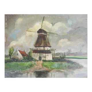 Vintage Impressionist Rustic Windmill Landscape Distressed Painting For Sale