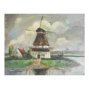 Vintage Impressionist Rustic Windmill Landscape Distressed Painting