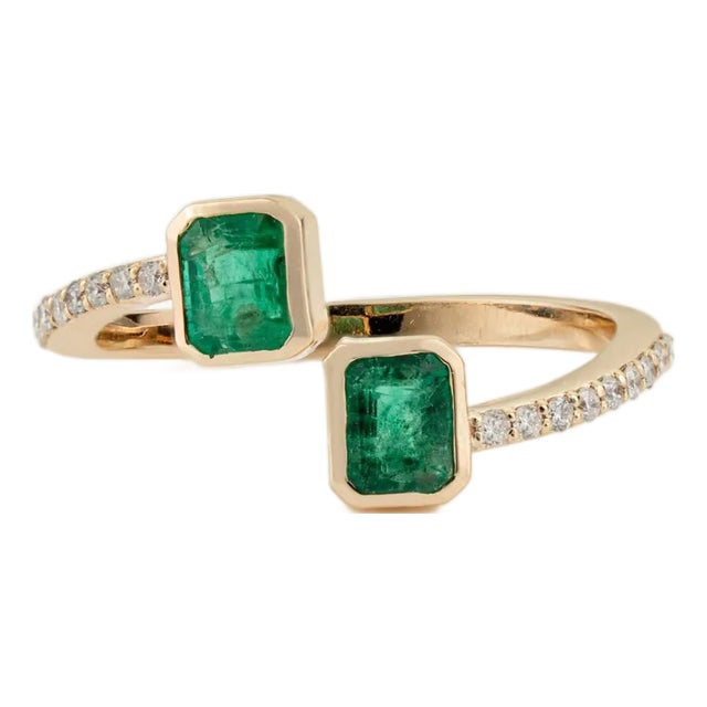 14k Gold Open Bypass Octagon Cut Emerald & Diamond Toi Et Moi Ring Size 5.5 For Sale