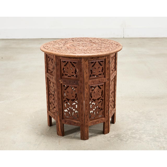 Islamic Moorish Style Carved Teak Inlaid Round Tabouret Drink Table For Sale - Image 3 of 15