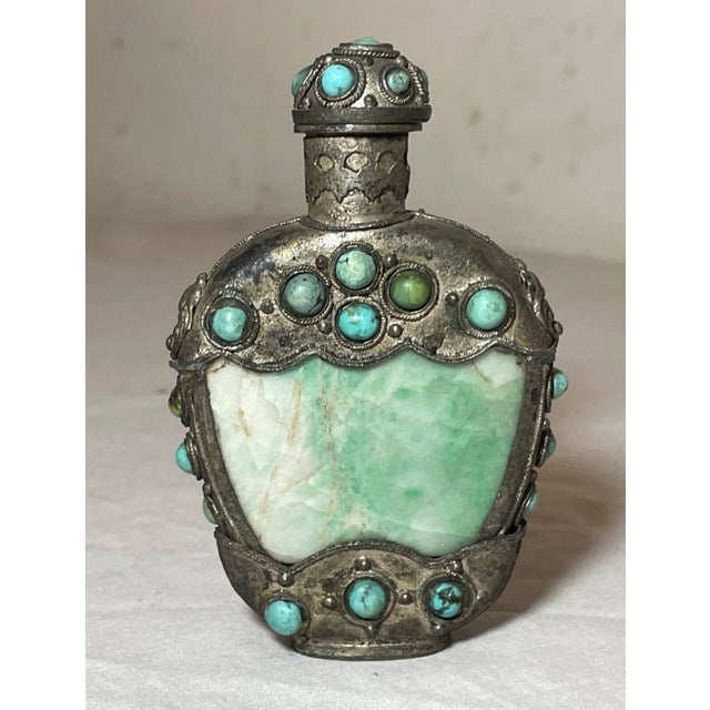 Antique Bronze Turquoise Green Jade Stone Hand Carved Chinese Snuff Bottle Jar For Sale - Image 4 of 10