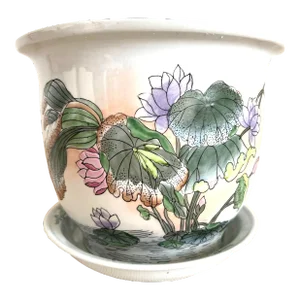 Hand Painted Chinoiserie Porcelain Planter With Lotus Flowers