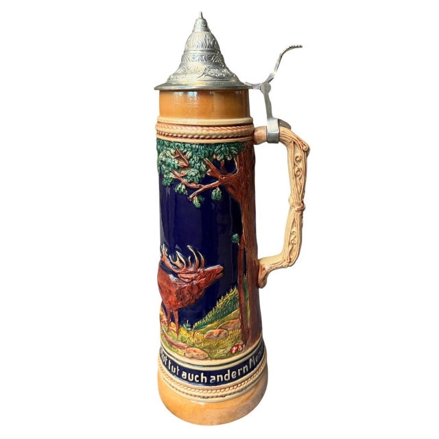 Traditional Large 2l German Stein With Stag, Deer, and Trees For Sale - Image 3 of 5