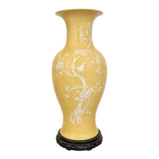 Chinese Yellow Porcelain Vase With White Prunus & Bird Motif on Carved Wood Stand For Sale