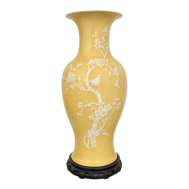 Chinese Yellow Porcelain Vase With White Prunus & Bird Motif on Carved Wood Stand For Sale