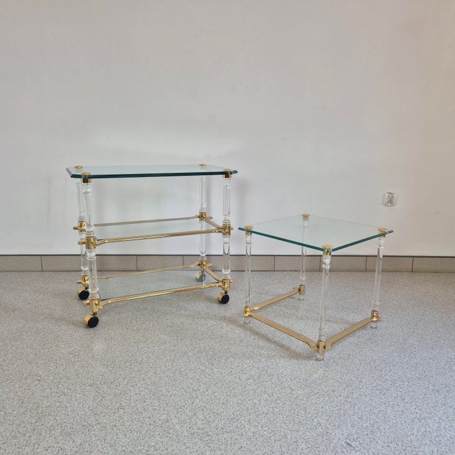 Hollywood Regency French Side Table in Acrylic, Brass and Glass, 1970s For Sale - Image 9 of 10