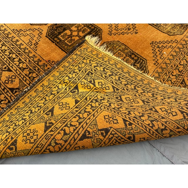 Goldenrod Vintage Afghan Turkoman Bokhara Rug – Tribal Geometric Wool Golden Living Room Carpet For Sale - Image 8 of 9