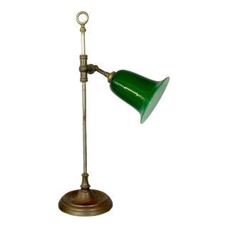 1970s French Table or Desk Lamp, Cased Green Shade, Bronze Finished Base, a Beauty! For Sale