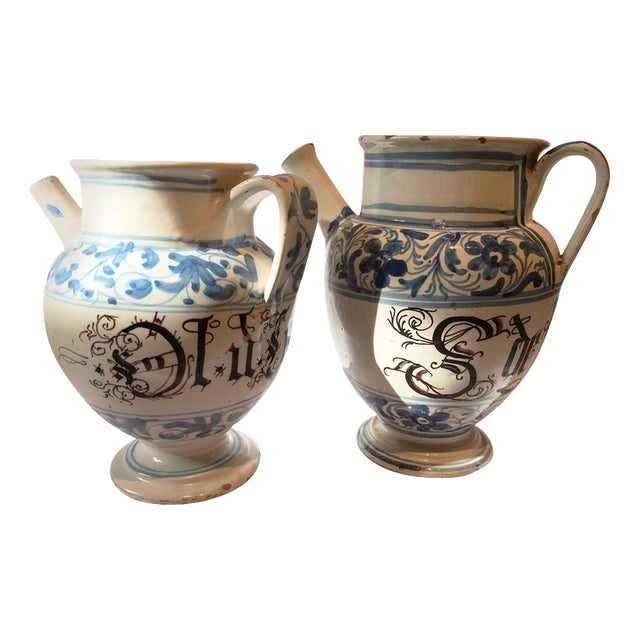 White and Blue Ceramic Pharmacy Carafes, Italy, Mid-18th Century, Set of 2 For Sale