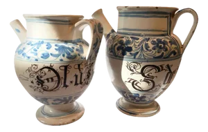 White and Blue Ceramic Pharmacy Carafes, Italy, Mid-18th Century, Set of 2