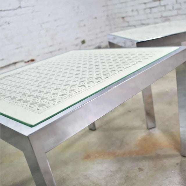 Wood Mid-Century Modern to Modern Side Tables Chrome and White Cane Square Glass Top, a Pair For Sale - Image 7 of 13