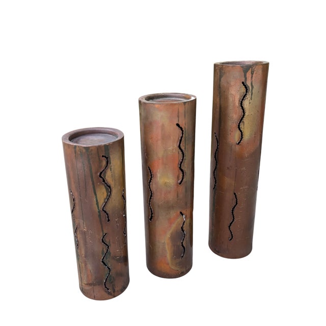 Mid-Century Modern 1960s Brutalist Torched Cut Copper Metal Pillar Candle Holders-Set of 3 For Sale - Image 3 of 12
