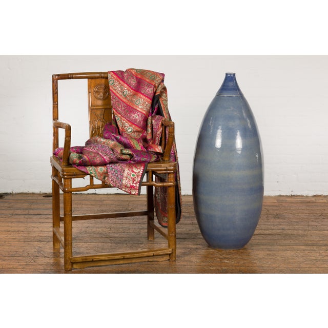 Modern Artisan Made Prem Collection Tall Blue Glazed Vase with Striated Motifs For Sale - Image 3 of 12