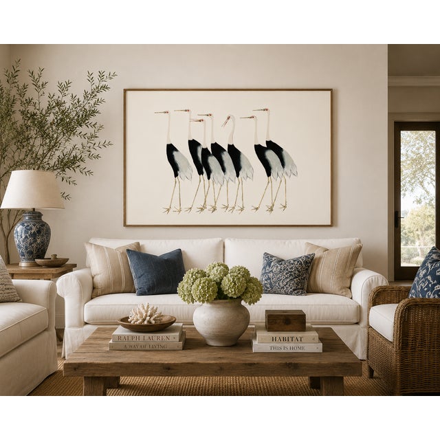 Ivory Vintage Japanese Cranes Illustration, Coastal Bird Art Print, 30" X 20" For Sale - Image 8 of 8