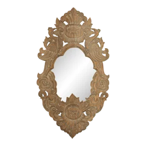 Vintage Thai Wooden Mirror with Carved Bird, Foliage and Flower Motifs