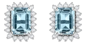 14k Natural Halo Diamond Aquamarine Stud Earrings for Women 2 Pieces