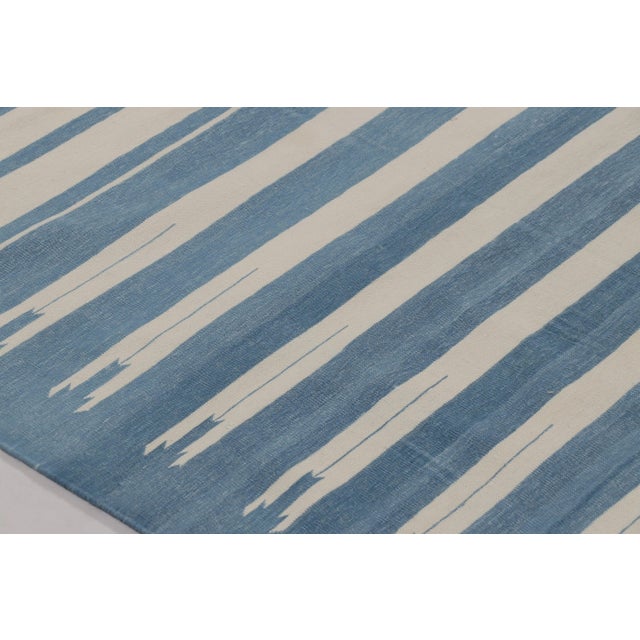 Rug & Kilim’s Indian Dhurrie Rug in Deep Blue and White Stripes For Sale In New York - Image 6 of 9