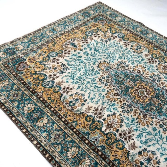 Vintage 1960s Turkish Rug, Ivory & Teal With Saffron Spandrels, Kerman Style – 7'0" X 9'7" For Sale - Image 11 of 12
