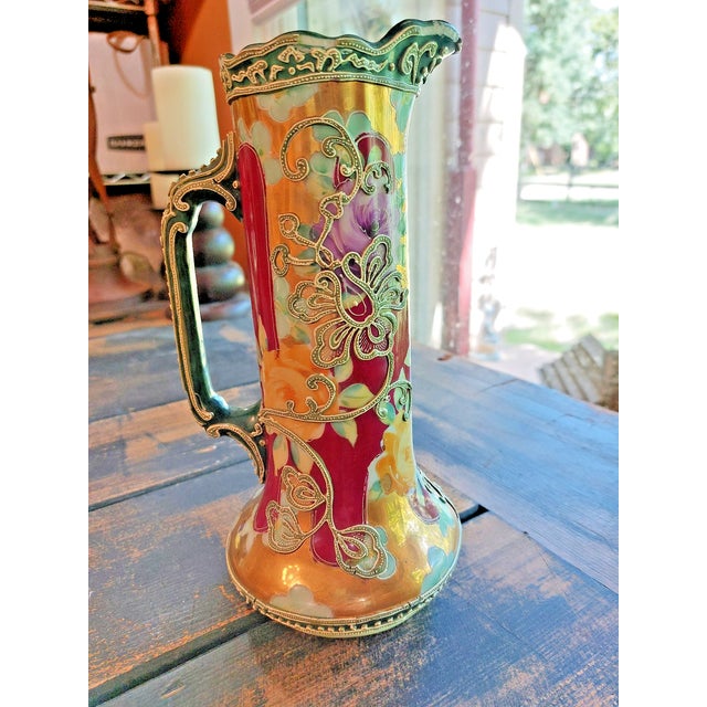 Art Nouveau Vintage Nippon Hand Painted Raised Moriage Pitcher Vase Art Nouveau Style For Sale - Image 3 of 9