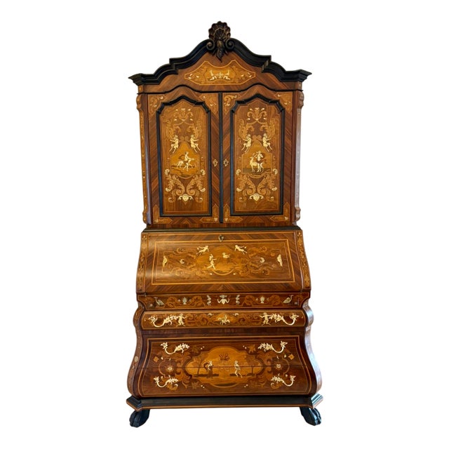 Antique Italian Marquetry Inlaid Burr Walnut Bureau Bookcase, 1920 For Sale