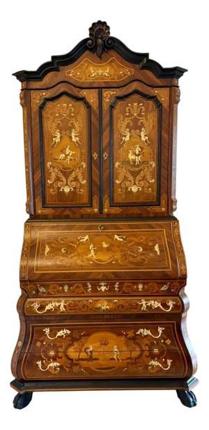 Antique Italian Marquetry Inlaid Burr Walnut Bureau Bookcase, 1920