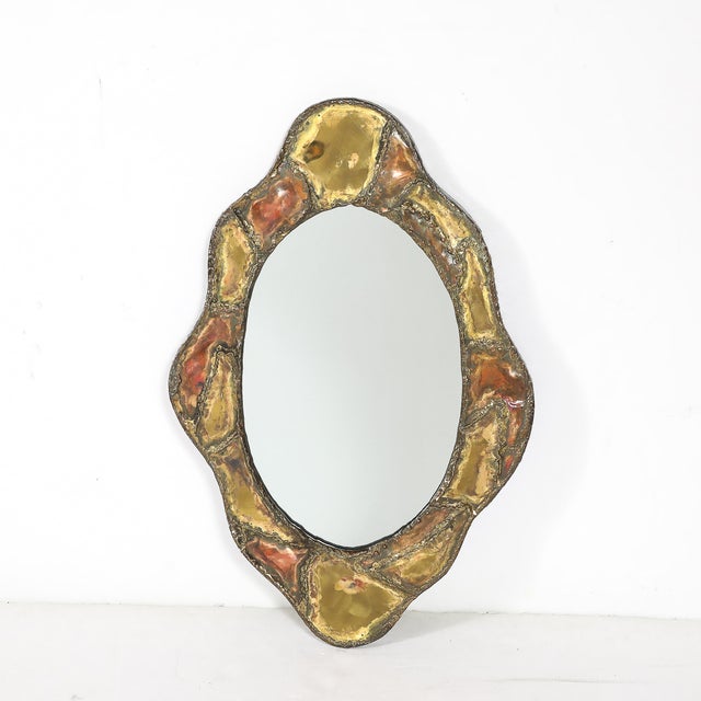 1970s Mid-Century Brutalist Textural Welded Brass & Copper Bordered Signed Mirror For Sale - Image 5 of 16
