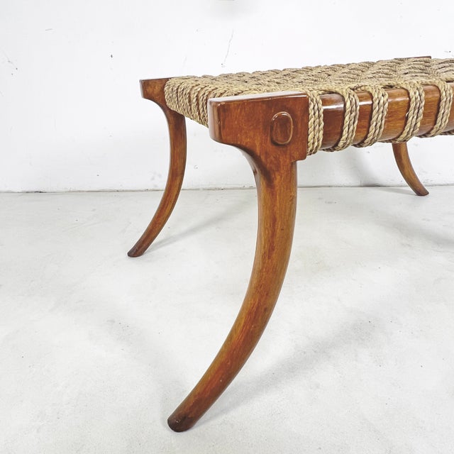 Mid-Century Modern Large Klismos Style Bench With Sea Grass Woven Seat For Sale - Image 3 of 5
