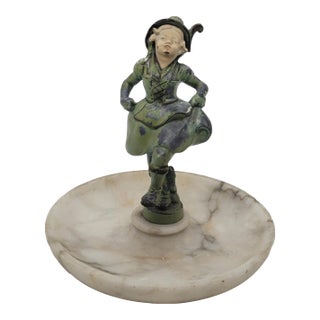 Vintage Art Deco j.b. Hirsch Cold Painted Spelter Figure on Marble Tray Dish For Sale