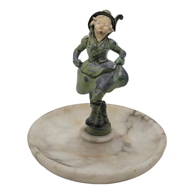 Vintage Art Deco j.b. Hirsch Cold Painted Spelter Figure on Marble Tray Dish For Sale