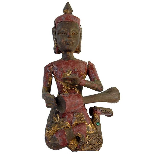 Vintage Polychrome Wood Thai Musican Figurine, 1960s For Sale - Image 11 of 11