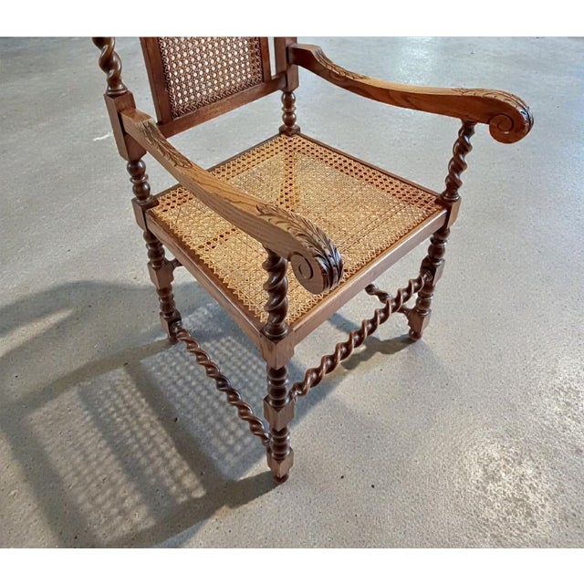Brown Antique Victorian Walnut Barley Twist Library Armchair with Cane Seat, 1890s For Sale - Image 8 of 12