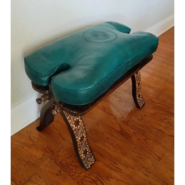 Handcrafted Moroccan Camel Saddle, Genuine Leather Cushion Stool / Emerald Green For Sale In Orlando - Image 6 of 10