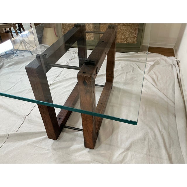 Modern Glass Top Dining Table With Rustic Solid Wood Base – Rh Style For Sale - Image 4 of 14