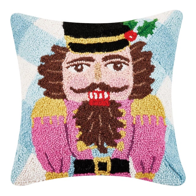 Festive Gingham Nutcracker Hook Pillow 16" x 16" For Sale