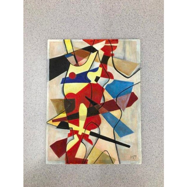 Red Multicolor Abstract Cubist Oil Painting With Monogram Signature Mj For Sale - Image 8 of 14
