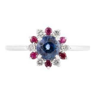 Sapphire Ruby Flower Wedding Ring With Diamonds in 14k White Gold Size 7 For Sale