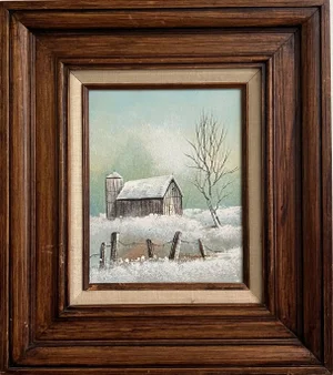 Vintage Landscape Painting by Hopkins — Mid-Century Framed Art for Modern Farmhouse, Lodge, Vacation Cabin.