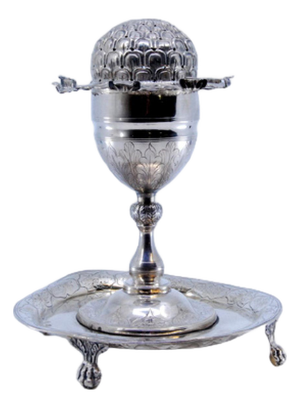 Poppy-Shaped Silver Toothpick Holder with Engraved Frame and Base and Claw Feet