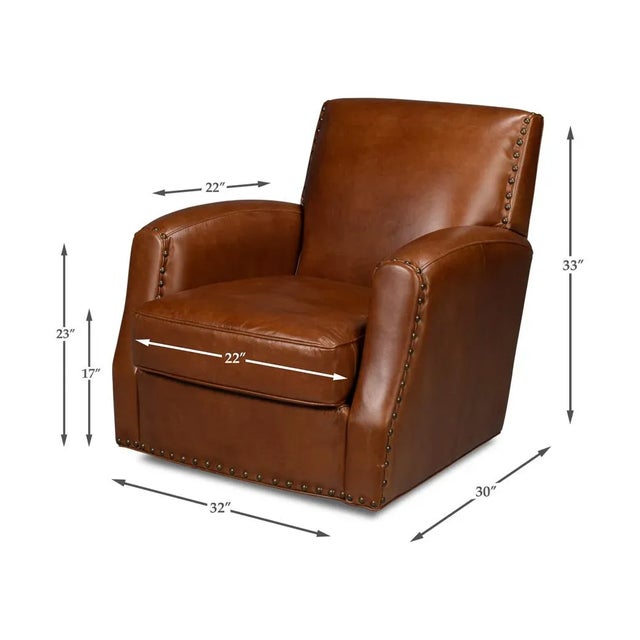 Classic Brown Leather Swivel Armchair For Sale - Image 9 of 11