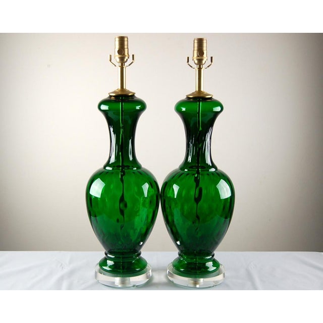 Mid-Century Modern Vintage 1960s Murano Glass Table Lamps in Emerald Green - a Pair For Sale - Image 3 of 11
