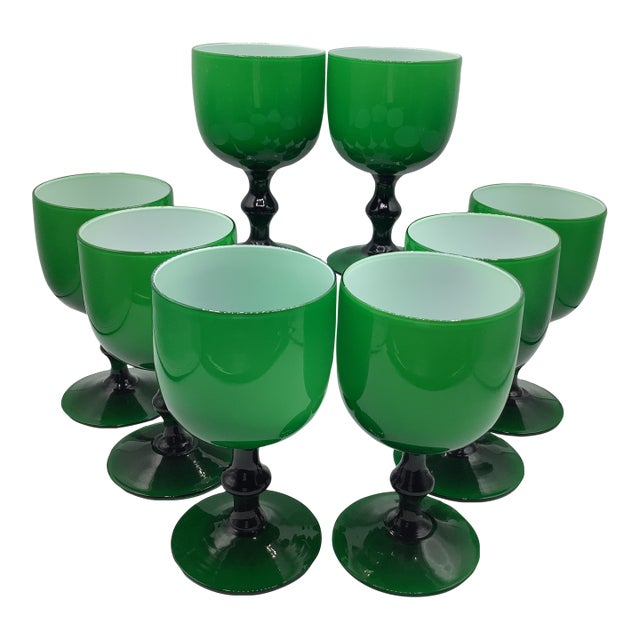 Vintage Carlo Moretti Italy Green White Cased Glass Wine Water Glasses - Set of 8 For Sale