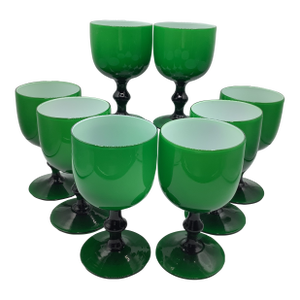 Vintage Carlo Moretti Italy Green White Cased Glass Wine Water Glasses - Set of 8