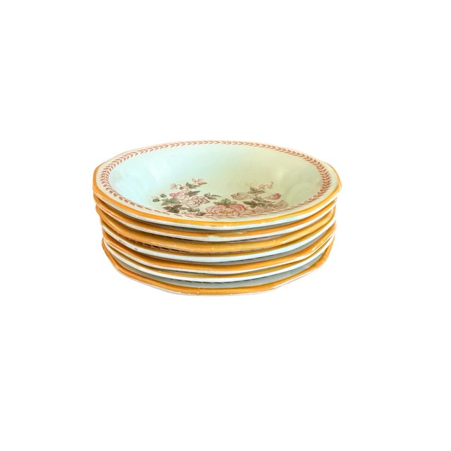 A lovely collection of seven vintage English Adams Calyx Ware berry bowls in the Metz pattern. Soft aqua-blue grounds are...