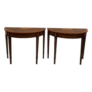 Mahogany & Satinwood Inlaid Demilune Console Tables -a Pair For Sale